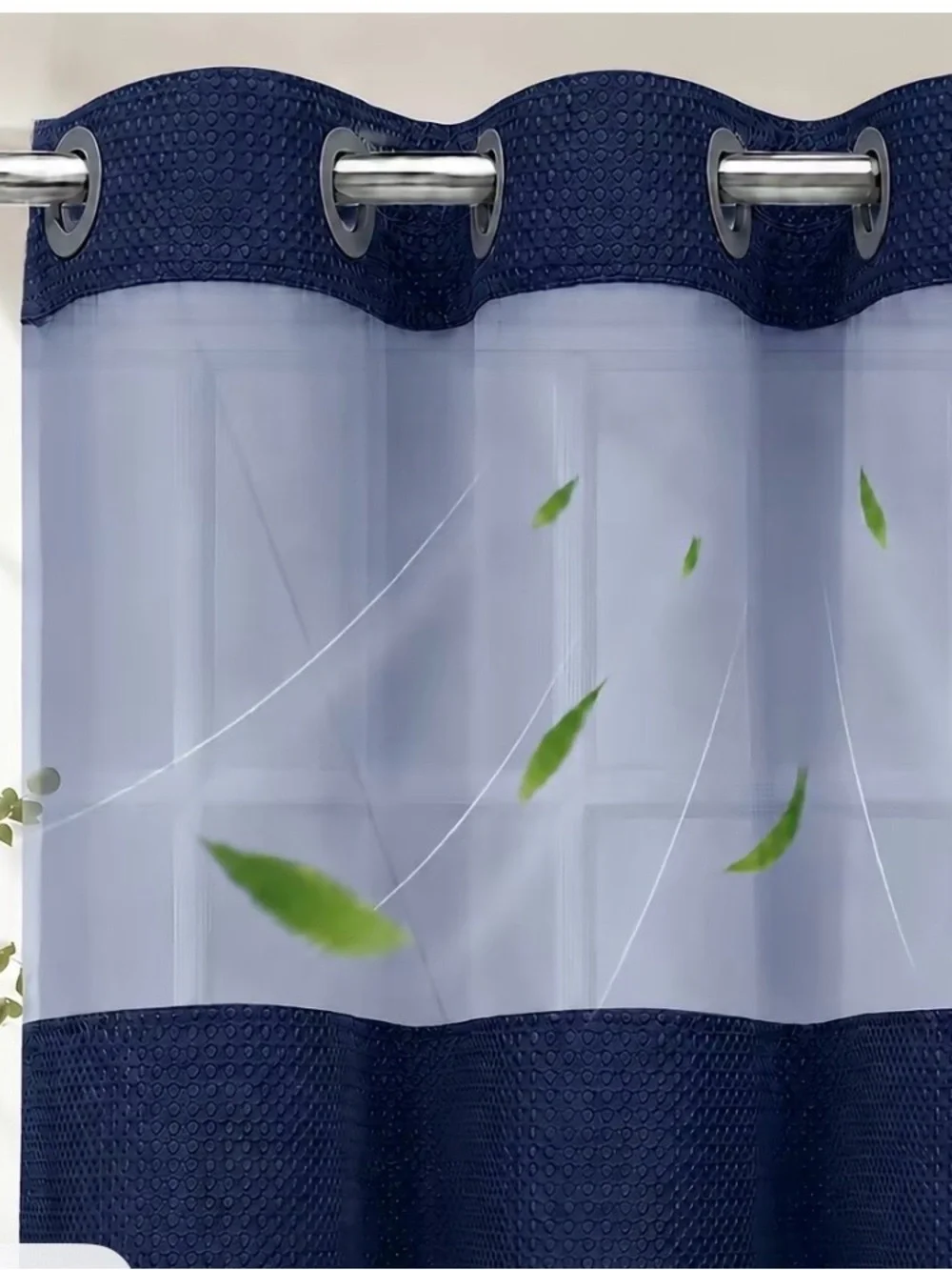 Navy Blue Sheer Panel Shower Curtain with Textured Top and Bottom